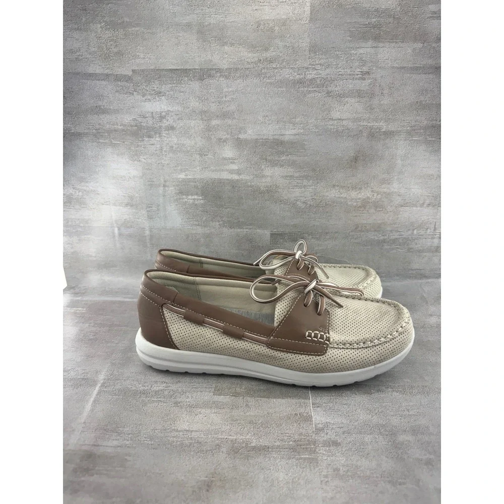 Clarks Cloudsteppers Women Boat Shoes Cream Brown Loafers 261260304060 Size 8.5M